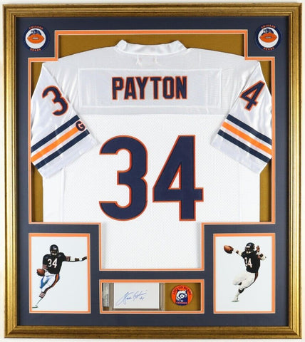 Walter Payton Signed 33x37 Custom Framed Cut Display w/ Jersey & Bears Pins PSA