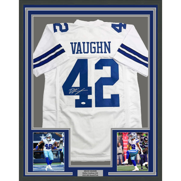 Framed Autographed/Signed Deuce Vaughn 35x39 Dallas White Jersey JSA COA