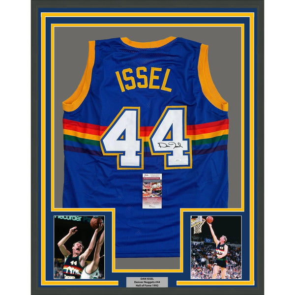 Framed Signed Dan Issel 35x39 Denver Blue Rainbow Jersey JSA COA