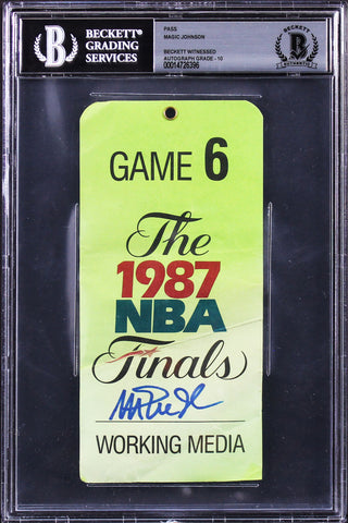 Magic Johnson Signed 1987 LAL Vs BOS Finals Game 6 Media Pass Auto 10! BAS Slab