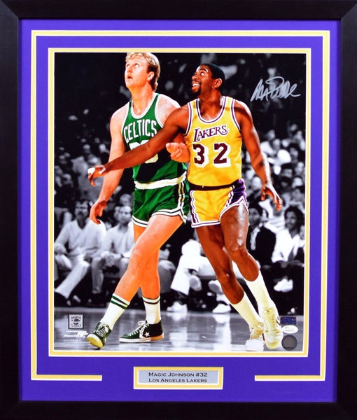 MAGIC JOHNSON SIGNED LOS ANGELES LAKERS VS LARRY BIRD 16x20 FRAMED PHOTO JSA