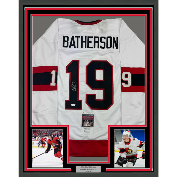 Framed Autographed/Signed Drake Batherson 35x39 Ottawa White Jersey JSA COA