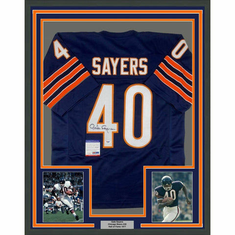 FRAMED Autographed/Signed GALE SAYERS 33x42 Chicago Blue Jersey PSA/DNA COA Auto