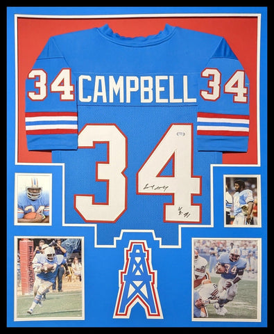 FRAMED HOUSTON OILERS EARL CAMPBELL AUTOGRAPHED SIGNED JERSEY PSA COA