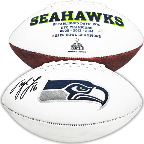 TYLER LOCKETT AUTOGRAPHED SEATTLE SEAHAWKS WHITE LOGO FOOTBALL MCS HOLO 222026