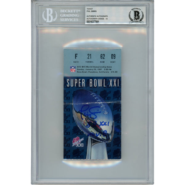 Phil Simms Autographed New York Giants Ticket Stub SB XXI MVP Slab Beckett 53169