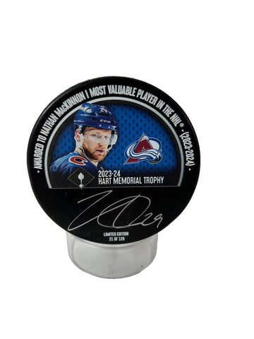 Nathan MacKinnon Autographed 2023-24 Hart Trophy Photo Puck LE-129 Fanatics COA