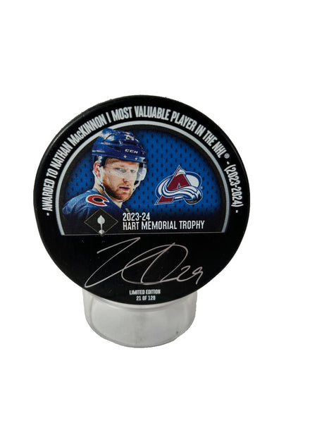 Nathan MacKinnon Autographed 2023-24 Hart Trophy Photo Puck LE-129 Fanatics COA