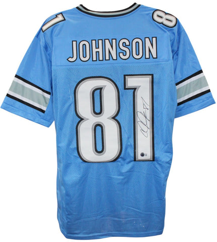 Calvin Johnson Autographed/Signed Pro Style Blue XL Jersey Beckett Witness 51782