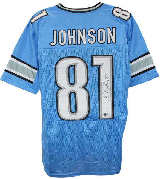 Calvin Johnson Autographed/Signed Pro Style Blue XL Jersey Beckett Witness 51782