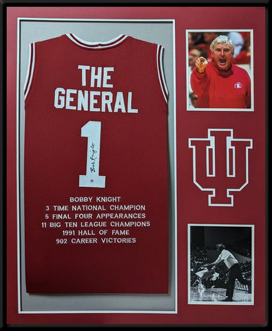 FRAMED INDIANA HOOSIERS BOBBY KNIGHT AUTOGRAPHED SIGNED STAT JERSEY STEINER HOLO