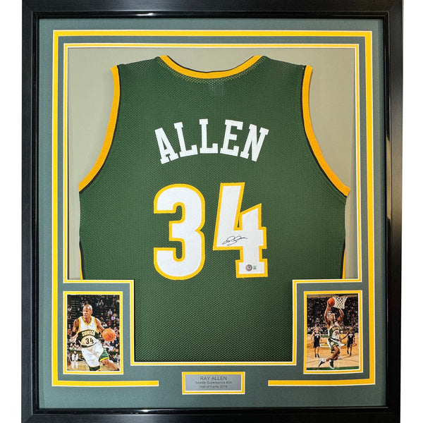 Framed Autographed/Signed Ray Allen 35x39 Seattle Green Jersey Beckett COA