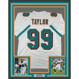 FRAMED Autographed/Signed JASON TAYLOR 33x42 White Football Jersey BAS COA