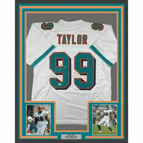 FRAMED Autographed/Signed JASON TAYLOR 33x42 White Football Jersey BAS COA