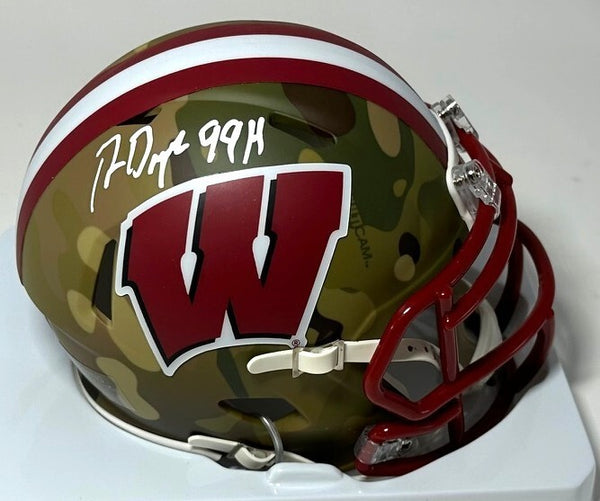 WI Badgers RON DAYNE Signed Riddell CAMO Speed Mini Helmet AUTO w/ Script - BAS