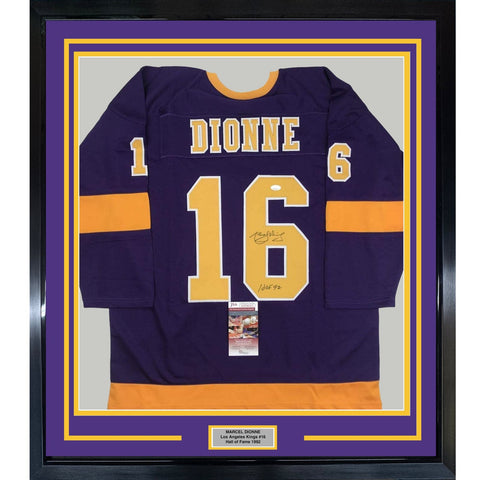 FRAMED Signed MARCEL DIONNE HOF 92 35x39 LA Purple Jersey JSA COA