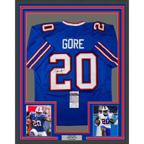 Framed Autographed/Signed Frank Gore 35x39 Buffalo Blue Football Jersey JSA COA