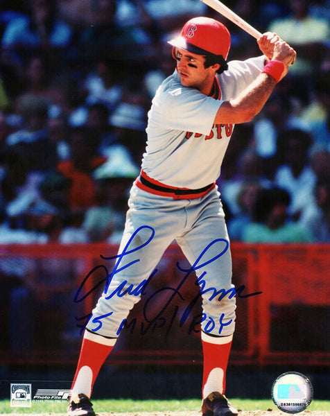Fred Lynn Signed Boston Red Sox Batting 8x10 Photo w/75 MVP-ROY - (SCHWARTZ COA)