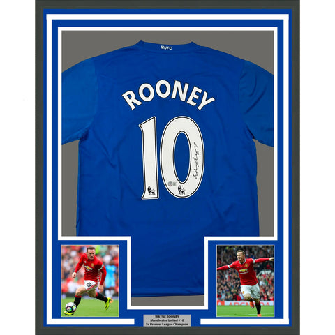 Framed Autographed/Signed Wayne Rooney 33x42 United Blue Soccer Jersey BAS COA