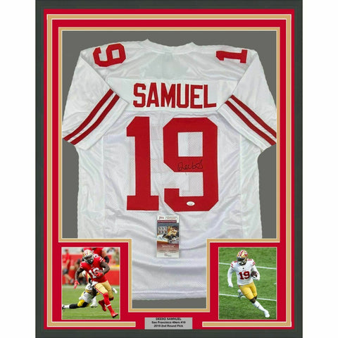 FRAMED Autographed/Signed DEEBO SAMUEL 33x42 San Francisco White Jersey JSA COA