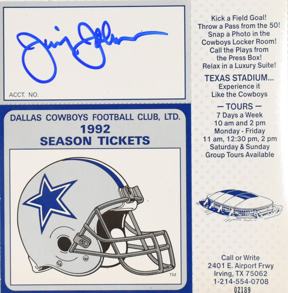 Jimmy Johnson Autographed Dallas Cowboys 1992 Season Ticket ID Card-Beckett Holo