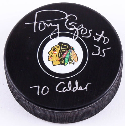 Tony Esposito Signed Blackhawks Logo Hockey Puck Inscribed "70 Calder" Schwartz