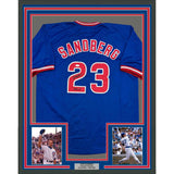 Framed Autographed/Signed Ryne Sandberg 35x39 HOF 05 Chicago Blue Jersey JSA COA