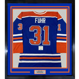 FRAMED Autographed/Signed GRANT FUHR 35x39 Edmonton Blue Jersey Beckett COA