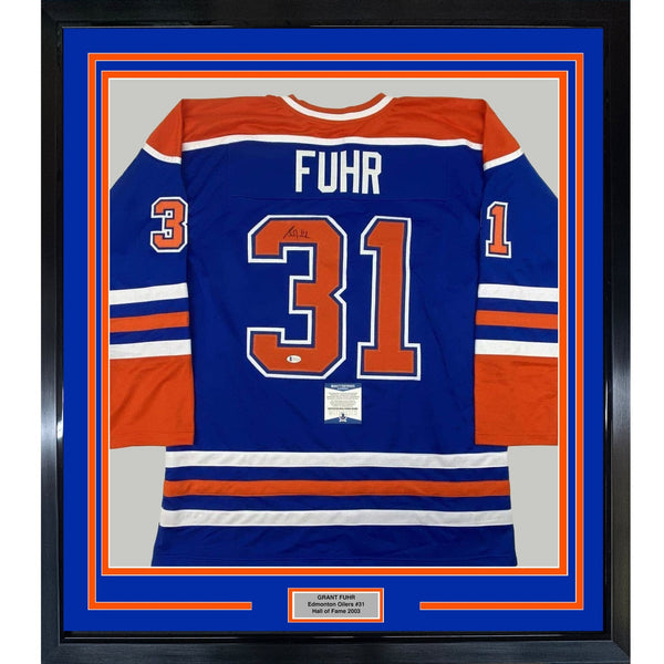 FRAMED Autographed/Signed GRANT FUHR 35x39 Edmonton Blue Jersey Beckett COA
