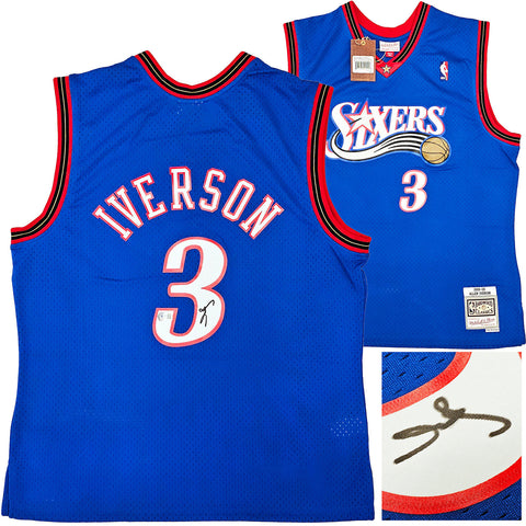 76ERS ALLEN IVERSON AUTOGRAPHED BLUE AUTHENTIC M&N 1999-00 HWC JERSEY XL BECKETT