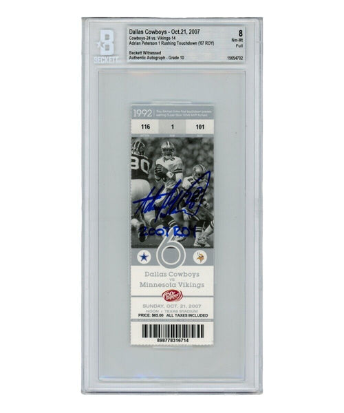 Adrian Peterson Autographed 10/21/07 "ROY" Slab Ticket Stub Beckett 40883
