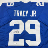 Autographed/Signed Tyrone Tracy Jr. New York Blue Football Jersey Beckett COA