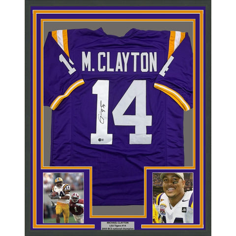 Framed Autographed/Signed Michael Clayton LSU 35x39 Purple Jersey JSA COA
