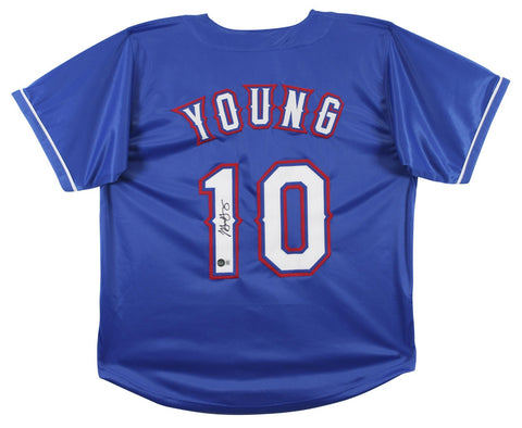 Michael Young Signed Texas Rangers Blue Jersey (Beckett) 7xAll Star Shortstop