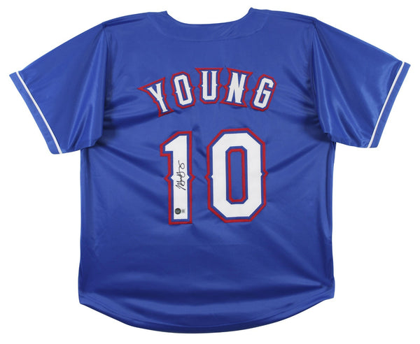 Michael Young Signed Texas Rangers Blue Jersey (Beckett) 7xAll Star Shortstop