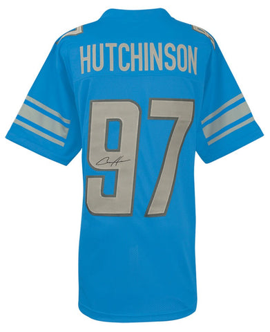 Aidan Hutchinson (LIONS) Signed Blue Custom Football Jersey - (SCHWARTZ COA)
