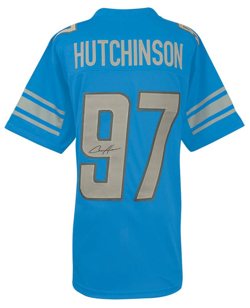 Aidan Hutchinson (LIONS) Signed Blue Custom Football Jersey - (SCHWARTZ COA)