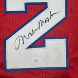 Framed Autographed/Signed Moses Malone 35x39 Philadelphia Red Jersey JSA COA