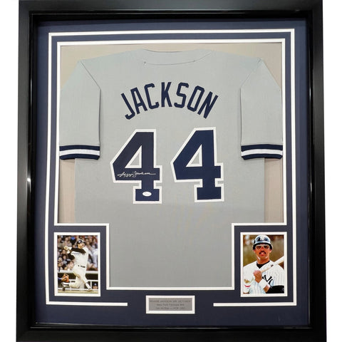 FRAMED Signed REGGIE JACKSON 35x39 New York Grey Jersey JSA COA Auto