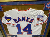 Ernie Banks Chicago Cubs 32"x 36" Framed Jersey w/ Cut Signed Display Card (PSA)