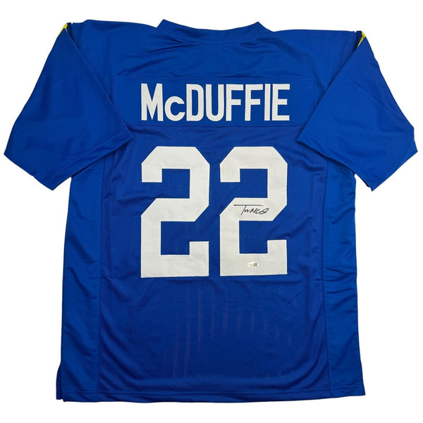 Autographed/Signed Trent McDuffie Los Angeles LA Blue Football Jersey JSA COA