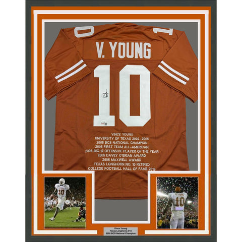 Framed Autographed/Signed Vince Young 35x39 Texas Orange Stat Jersey JSA COA