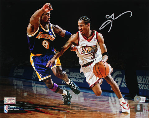 76ers Allen Iverson Authentic Signed 11x14 Vs. Kobe Bryant Photo BAS Witnessed