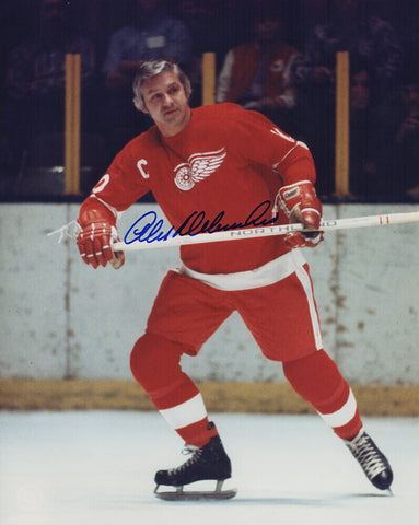 Alex Delvecchio Signed Detroit Red Wings Red Jersey Skating 8x10 Photo (SS COA)