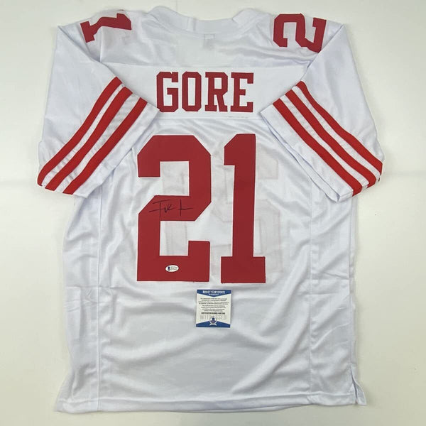 Autographed/Signed Frank Gore San Francisco White Football Jersey Beckett COA