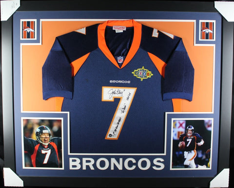 John Elway Autographed/Signed Pro Style Framed Blue XL Jersey BAS 40120
