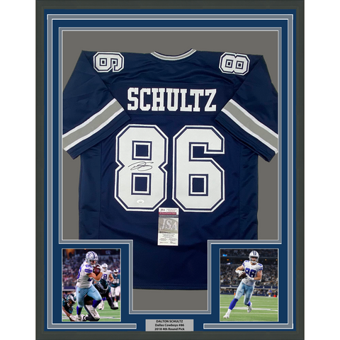 Framed Autographed/Signed Dalton Schultz 33x42 Dallas Dark Blue Jersey JSA COA