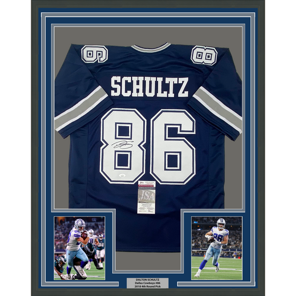 Framed Autographed/Signed Dalton Schultz 33x42 Dallas Dark Blue Jersey JSA COA