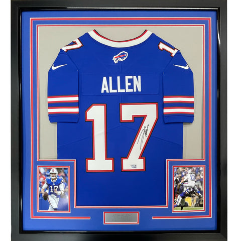 Framed Autographed/Signed Josh Allen 33x42 Bills Blue Elite Jersey Fanatics COA
