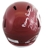OU Legends (5) Peterson, Stoops, Switzer +2 Signed F/S Speed Rep Helmet BAS Wit